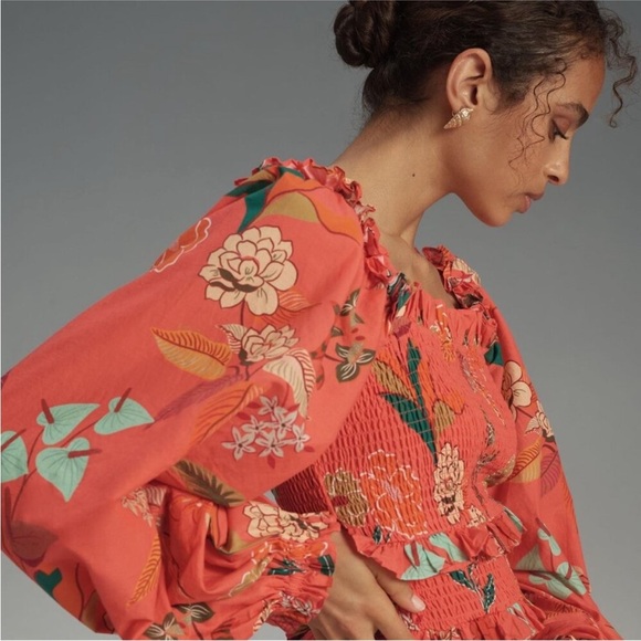 Farm Rio Anthropologie Smocked Ruffle Mini Dress Large Coral Long Sleeve Orange - Picture 4 of 12